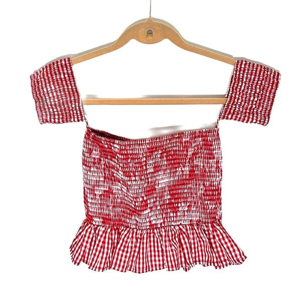 Forever 21 Gingham Print Crop Smocked Short Sleeve Top Red White Size Small - Picture 1 of 6